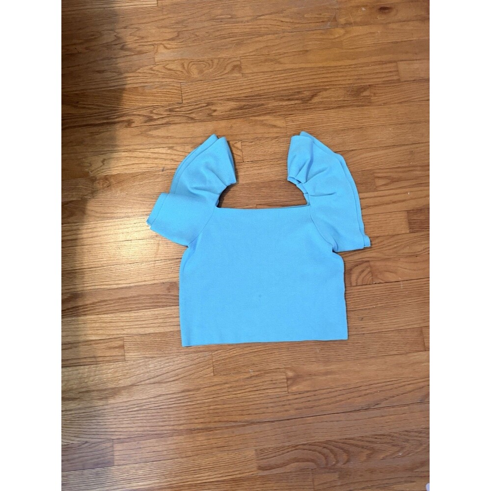 Strut & Bolt Blue Solid Square Neck Ruffle Puff Sleeve Knit Cropped Top M